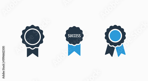 Set of three award ribbon and achievement success badge icon illustrations with achievement celebration business recognition accomplishment corporate excellence guarantee certification