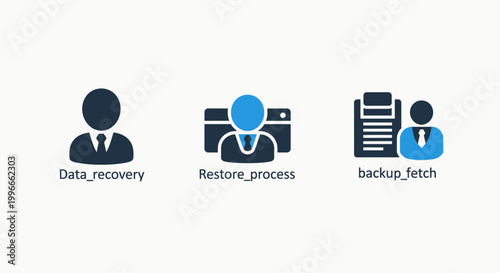 Set of three data recovery and backup restoration process icon illustrations with recovery technology security information database management business software development application