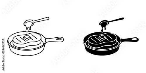 Steak with butter melting in frying pan with spoon icon in line and glyph style vector illustration for restaurant menus meat cooking techniques grilling steakhouse branding and culinary arts des.