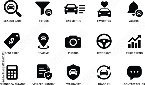 Minimal Car App Icons Set - Solid Silhouette Vehicle Listing and Auto Marketplace Vector 15 Icons Grid