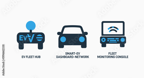 Electric vehicle fleet management and network monitoring dashboard icons with electric transport management dashboard monitoring technology transportation automotive efficiency business