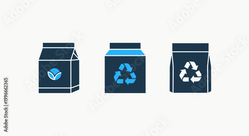 Set of three recycling and environmental sustainability icons representing waste management processes with eco friendly recycling sustainability environment management disposal conservation