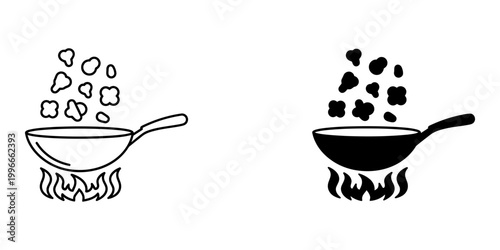 Cooking pan with popcorn on fire vector illustration outline and black silhouette icons set isolated on white background symbol of kitchen culinary process fast food preparation snacks equipment.