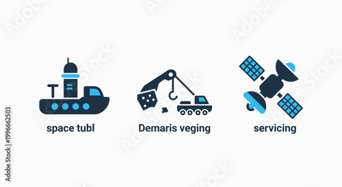 Aerospace and heavy industry maintenance icons for space logistics with industry satellite maintenance logistics servicing equipment engineering manufacturing technology transportation