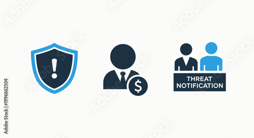 Security and cyber threat management infographic icon set with security notification business management protection internet information software vulnerability corporate monetary commerce