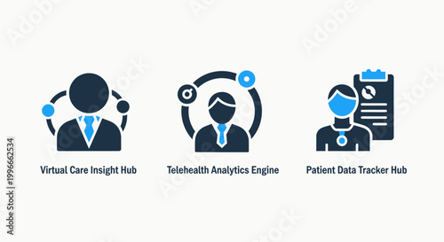 Healthcare telehealth analytics and patient data tracking icons with telehealth healthcare analytics tracking medicine monitoring technology analysis information connectivity management