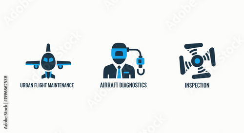 Aviation maintenance and aircraft diagnostics icon set with aviation maintenance aircraft diagnostics inspection airplane technology engineering technical aerospace monitoring industrial