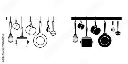 Kitchen utensils hanging on rack vector illustration outline and silhouette icon set isolated on white background symbol of organized kitchen storage tools and professional culinary equipment.