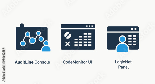 Data analysis and system monitoring console interface UI dashboard icons with monitoring analysis software dashboard interface development information technology application reporting