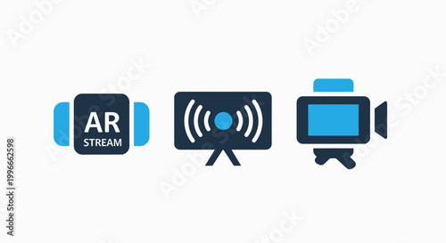 Set of technology and streaming interface icons for augmented reality and digital media broadcasting with technology augmented streaming broadcasting interface software connectivity internet