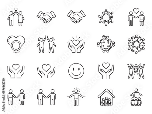 Collection of Unity Icon Set: A collection of simple and elegant line-drawn icons, each conveying a unique aspect of unity, collaboration, and mutual support