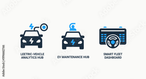 Electric vehicle analytics and fleet management dashboard icons with electric management analytics dashboard automobile transportation technology maintenance charging software monitoring