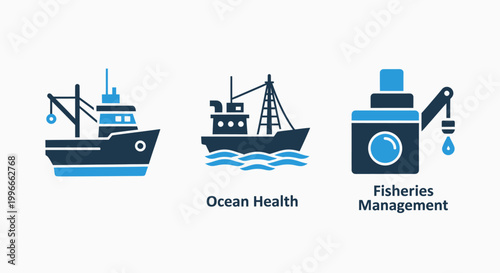 Fishing industry vessels and ocean health management icons with fisheries monitoring systems management fisheries industry conservation ecosystem sustainability environment nautical pollution