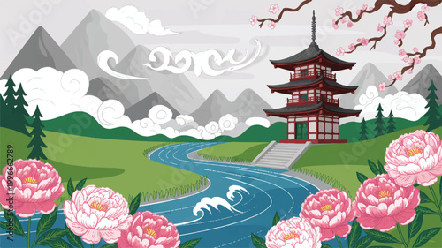 asian landscape with pagoda temple and peony flowers near river and mountains