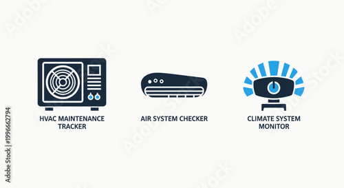 Hvac system technical icons set including maintenance tracker and monitoring interface graphics with maintenance monitoring technical ventilation interface conditioner efficiency automated
