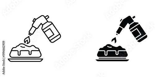 Culinary torch for caramelizing desserts icon set with outline and silhouette styles for pastry chef tools and gourmet cooking equipment graphic design elements isolated on white background space.