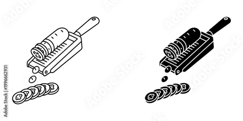 Vegetable mandoline slicer icon set with cucumber slices for kitchen tool and food preparation graphic design projects featuring outline and silhouette versions isolated on white background art.