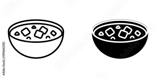 Tofu soup bowl linear and silhouette icons featuring vegetarian dish with cubes in broth for asian restaurant menu design and healthy plant based eating concepts vector illustration isolated art.