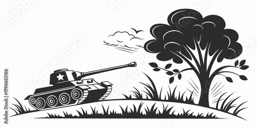 Fotografie a tank is firing a cannon near a tree Vector