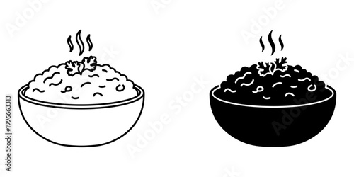 Hot steaming rice bowl icons set featuring line art and solid black glyph designs with garnish for asian cuisine restaurant menus home cooking blogs and oriental food packaging graphic elements.
