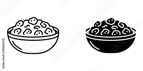 Bowl of cottage cheese icons set including linear and black silhouette designs for dairy products healthy breakfast options high protein snacks and nutrition focused graphic design for food labels.