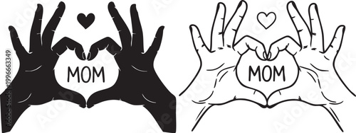 Mother's day hand heart designs black and white illustrations with 'mom' text
