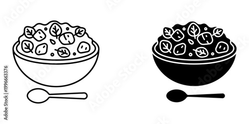 Healthy salad bowl with spoon icons set including outline and solid black silhouette styles for vegetarian food apps healthy lifestyle blogs restaurant menus and nutritious meal prep graphics.