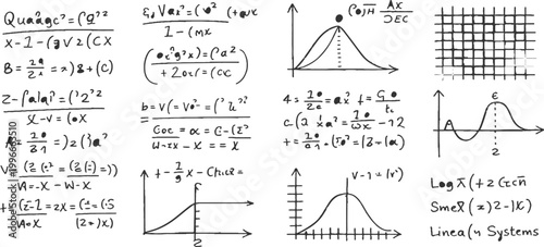 Hand drawn complex mathematical equations formulas and scientific graphs on white background education study vector illustration.