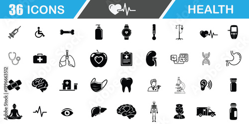Health and medical icons set 36 black glyphs representing various healthcare concepts