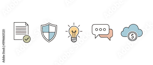 Digital Icons: A set of five minimalist, colorful icons, representing essential aspects of the modern digital landscape. Emphasizing clarity and a contemporary feel.