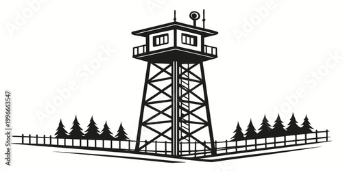 Bild auf Leinwand a tall watchtower with a fence and trees Vector