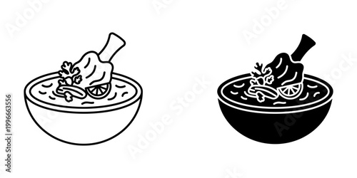 Nihari stew icon set with meat shank and bone marrow in bowl linear and glyph style illustration for pakistani food menu design spicy beef curry with lemon and ginger silhouette on white background.