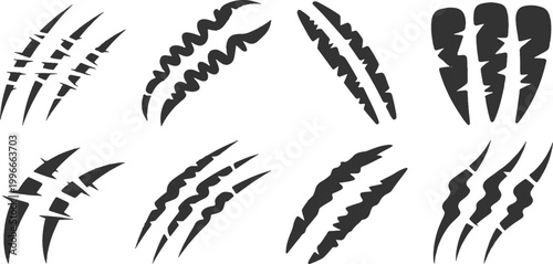 Claw scratch marks and ripped paper tears collection isolated on white background horror vector illustration.