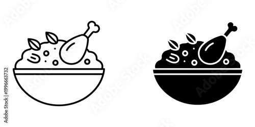 Chicken drumstick on rice bowl vector line and glyph icon set, simple outline food illustration, tasty meal in deep plate, healthy eating concept, kitchen design element.