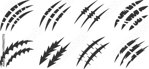 Claw scratch marks and ripped paper tears collection isolated on white background horror vector illustration.