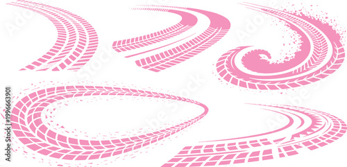 Foto Pink tire tracks with curved paths and grunge splatters isolated on white background racing vector illustration