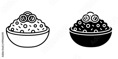Serving of fluffy rice with fried onions on top in a bowl, shown in both line drawing and solid black icon formats for easy use.