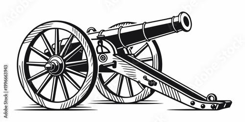 Tableau sur toile a black and white cannon on a carriage with wheels Vector