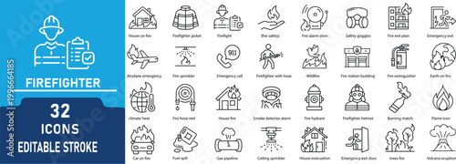 Firefighter Line Icon Set. Contains icons related to fire safety, emergency service, rescue, fire alarm, extinguisher, protection, disaster response, and firefighting equipment. Editable stroke. Vecto