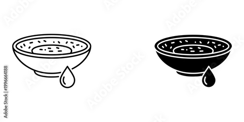 Puree soup bowl icons set with drop of oil and sprinkle garnish linear vector illustration isolated on white background for cream soup concepts and restaurant menu design featuring liquid food.