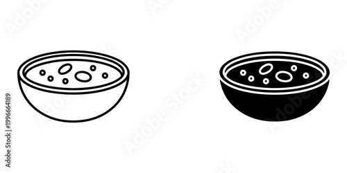 Broth bowl icons set with beans and vegetable pieces linear vector illustration isolated on white background for menu design and healthy cooking concepts featuring traditional soup bowl graphic.
