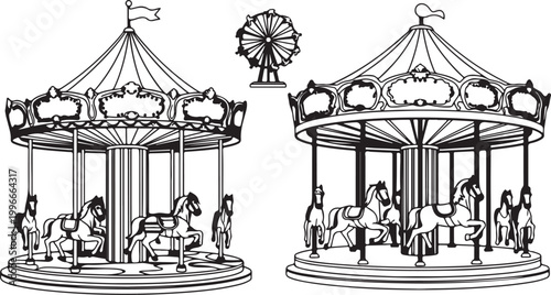 Amusement park vector flat elements, fun icons, isolated on white background with ferris wheel, castle, attractions, circus, air balloon, swings, carousel. Architecture entertainment elements vector