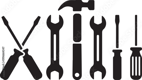 Black silhouette of various tools and utensils on white background, hammer wrench