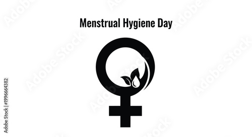 Black vector graphic illustration symbolizing menstrual hygiene day with leaves and water drop