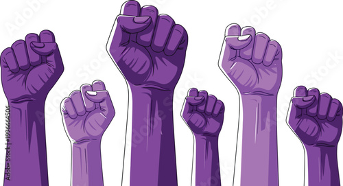 A powerful vector illustration depicting multiple raised purple fists symbolizing unity, strength, and collective action for social change and empowerment.