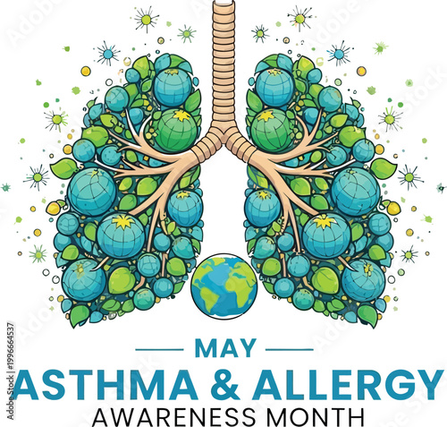 Stylized vector illustration of human lungs created from green leaves and globe icons used to represent global asthma and allergy awareness month medical campaign