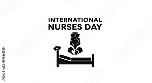 Minimalist vector graphic illustration celebrating international nurses day with a professional caregiver and hospital bed symbol