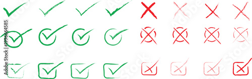Set of green check marks and red cross icons in hand drawn brush style isolated on white background. Collection of tick and wrong symbols for UI, feedback, approval and rejection concepts. Modern 