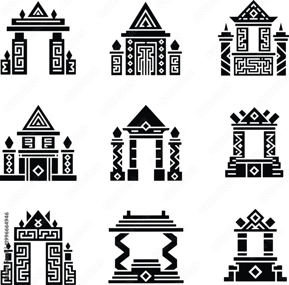 Fototapeta premium Collection of Ancient Thai Temple Gate and Architectural Icons.