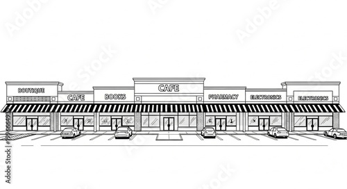 Commercial building with multiple storefronts and awnings.